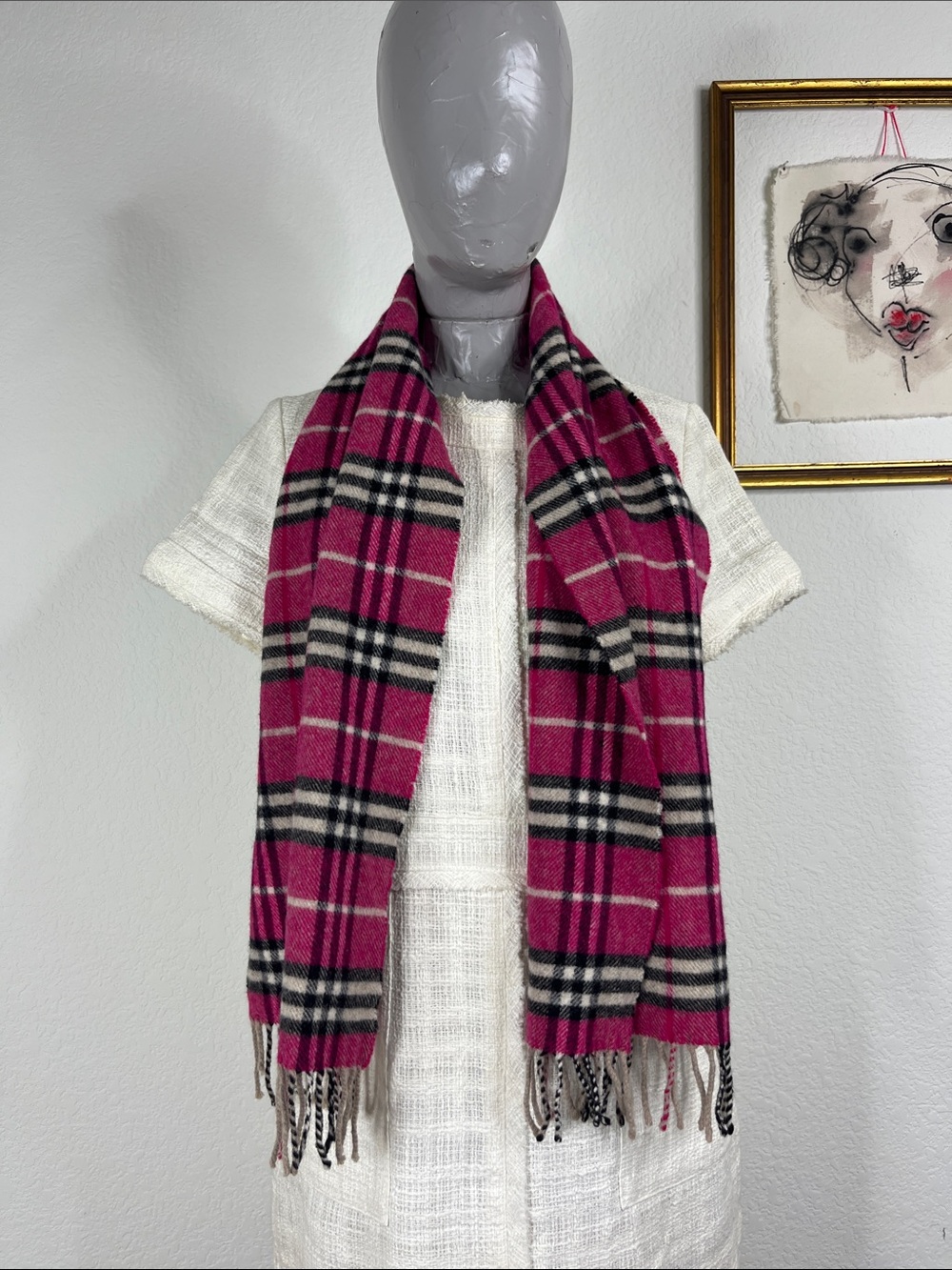 VTG Burberry Nova Check Fuchsia Plaid Lambswool Wool Fringe Scarf
